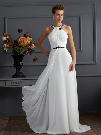 A-Line/Princess High Neck Sleeveless Beading Long Chiffon Dresses [40308]