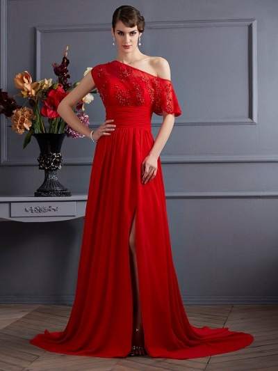 A-Line/Princess One-Shoulder Sleeveless Applique Long Chiffon Dresses [40410]