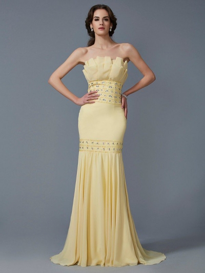 Trumpet/Mermaid Strapless Sleeveless Beading Long Chiffon Dresses [40534]