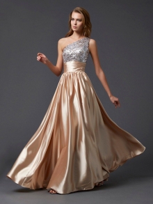 A-Line/Princess One-Shoulder Sleeveless Paillette Long Elastic Woven Satin Dresses