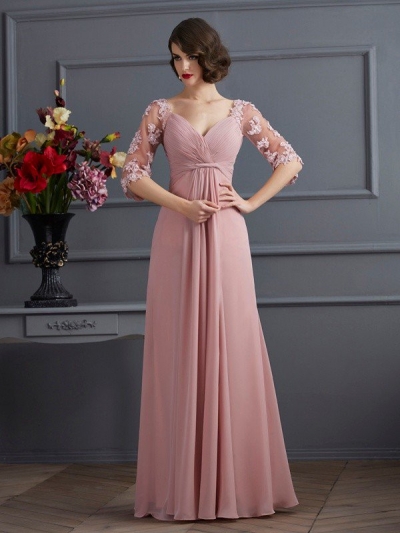 A-Line/Princess Sweetheart 1/2 Sleeves Beading Long Chiffon Dresses [40692]