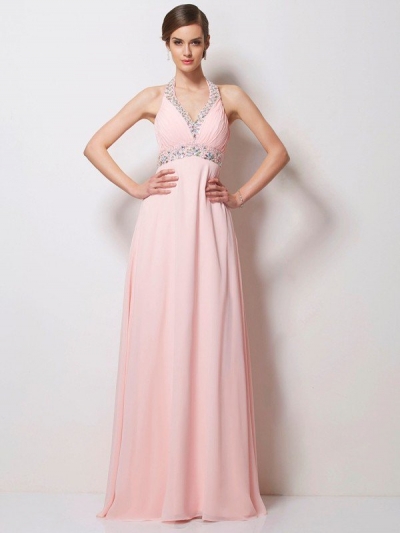 A-Line/Princess Halter Sleeveless Beading Long Chiffon Dresses [40800]