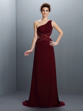 A-Line/Princess One-Shoulder Beading Sleeveless Long Chiffon Dresses