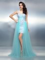 Sheath/Column One-Shoulder Applique Sleeveless Long Elastic Woven Satin Dresses