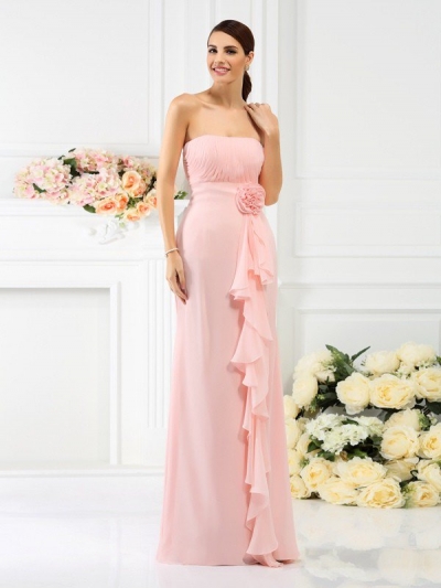 Sheath/Column Strapless Hand-Made Flower Sleeveless Long Chiffon Bridesmaid Dresses [50375]