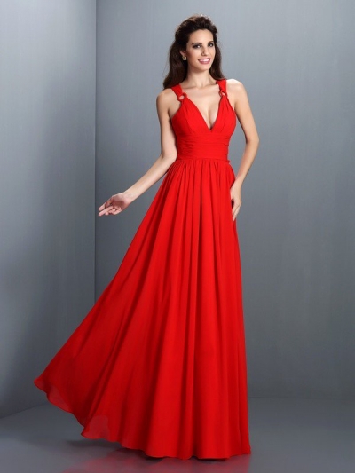 A-Line/Princess V-neck Pleats Sleeveless Long Chiffon Bridesmaid Dresses [50400]