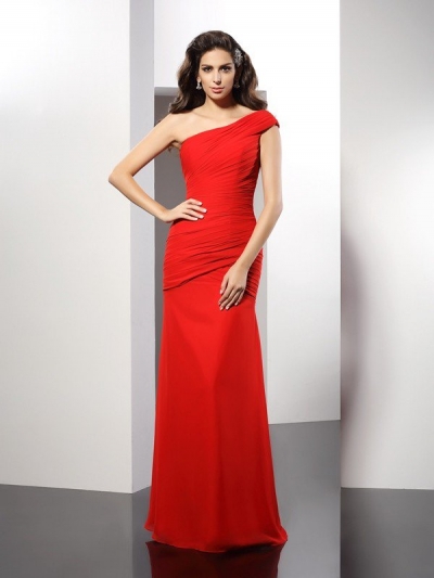 Sheath/Column One-Shoulder Pleats Sleeveless Long Chiffon Dresses [50482]