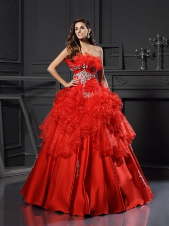 Ball Gown Strapless Ruffles Sleeveless Long Organza Quinceanera Dresses