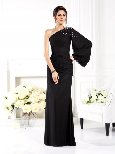 Sheath/Column One-Shoulder Beading Long Sleeves Long Chiffon Mother of the Bride Dresses [50807]