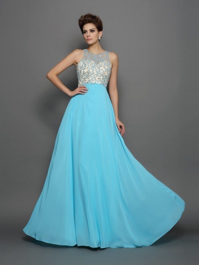 A-Line/Princess Scoop Beading Sleeveless Long Chiffon Dresses [51152]