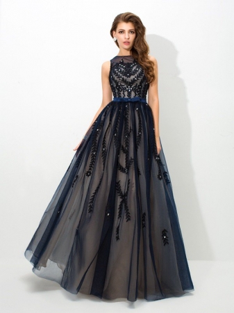 A-Line/Princess Sheer Neck Applique Sleeveless Long Tulle Dresses