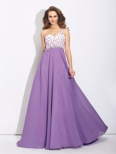 A-Line/Princess One-Shoulder Crystal Sleeveless Long Chiffon Dresses [60116]