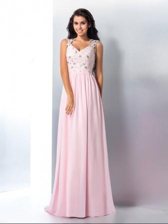 A-Line/Princess V-neck Applique Sleeveless Long Chiffon Dresses