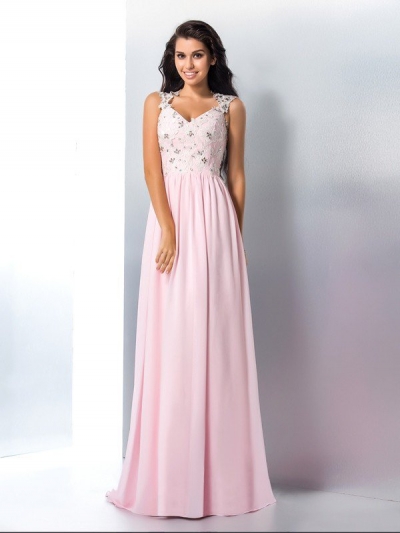 A-Line/Princess V-neck Applique Sleeveless Long Chiffon Dresses [60130]