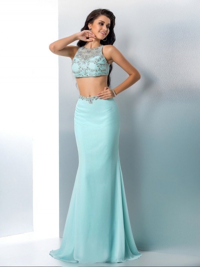 Trumpet/Mermaid Scoop Beading Sleeveless Long Chiffon Two Piece Dresses [60156]