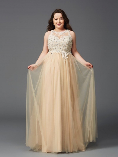 A-Line/Princess Scoop Rhinestone Sleeveless Long Net Plus Size Dresses [60214]