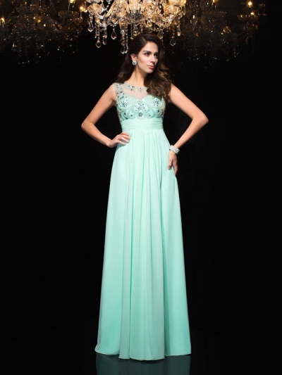 A-Line/Princess Sheer Neck Beading Sleeveless Long Chiffon Dresses [60584]