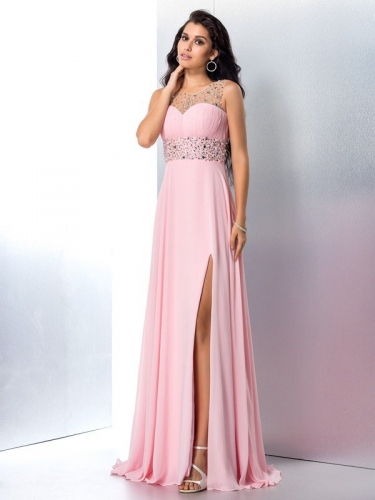 A-Line/Princess Sheer Neck Beading Sleeveless Long Chiffon Dresses