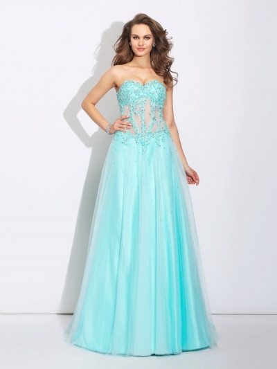 A-Line/Princess Sweetheart Lace Sleeveless Long Net Dresses [60598]