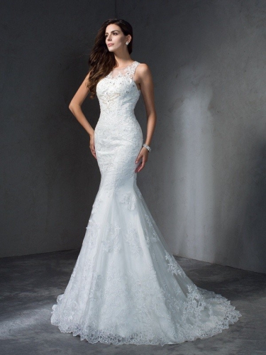 Trumpet/Mermaid Scoop Applique Sleeveless Long Lace Wedding Dresses