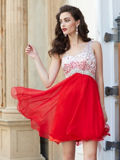 A-line/Princess One-Shoulder Beading Sleeveless Chiffon Short/Mini Dresses [63015]