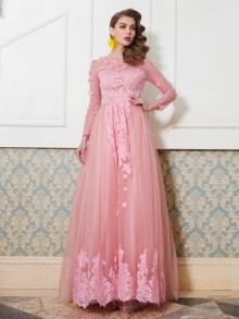 A-Line/Princess Scoop 3/4 Sleeves Floor-Length Applique Tulle Dresses