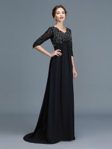 A-Line/Princess V-neck 1/2 Sleeves Beading Chiffon Floor-Length Mother of the Bride Dresses