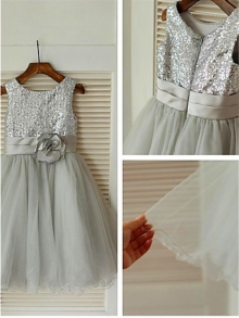 A-line/Princess Scoop Sleeveless Sequin Tea-Length Tulle Flower Girl Dresses