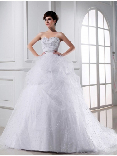 Ball Gown Beading Sweetheart Sleeveless Applique Satin Tulle Wedding Dresses