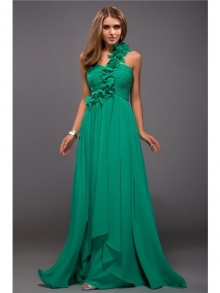 Sheath/Column One Shoulder Ruffles Sleeveless Hand-Made Flower Long Chiffon Dresses