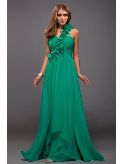 Sheath/Column One Shoulder Ruffles Sleeveless Hand-Made Flower Long Chiffon Dresses [N13ZDRESS597]