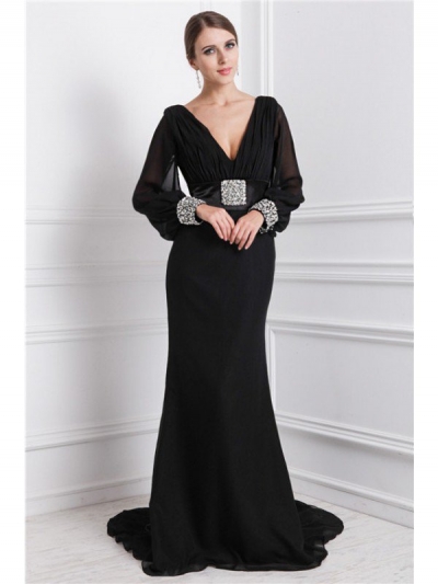 Trumpet/Mermaid V-neck Long Sleeves Beading Long Chiffon Dresses [N13ZYDRESS43]