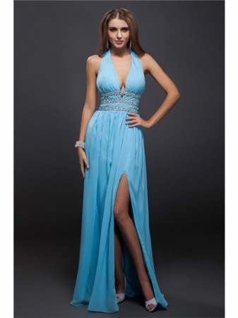 Sheath/Column V-neck Beading Sleeveless Long Chiffon Dresses