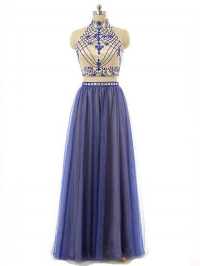 A-Line/Princess Sleeveless High Neck Chiffon Beading Floor-Length Two Piece Dresses [PO16033PO390]