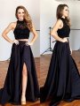 A-Line/Princess Sleeveless Halter Satin Beading Sweep/Brush Train Two Piece Dresses