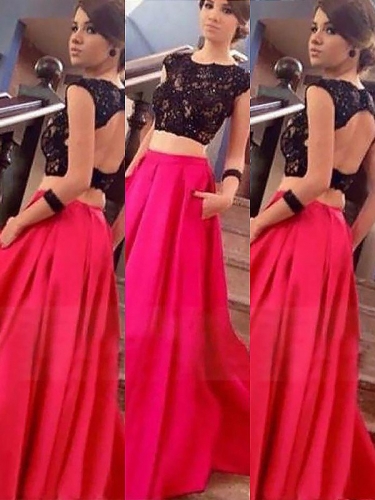 A-Line/Princess Bateau Sleeveless Satin Floor-Length Lace Two Piece Dresses