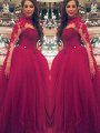 Ball Gown Long Sleeves High Neck Applique Floor-Length Tulle Dresses