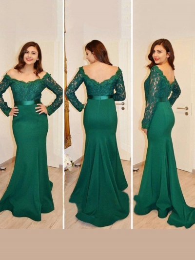 Trumpet/Mermaid Off-the-Shoulder Long Sleeves Applique Floor-Length Satin Dresses [PON1506EV452]