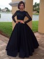 Ball Gown Long Sleeves Scoop Floor-Length Satin Beading Dresses