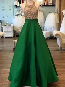 A-Line/Princess Sleeveless Floor-Length Halter Beading Satin Dresses