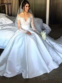 Ball Gown Long Sleeves Satin Court Train Wedding Dresses