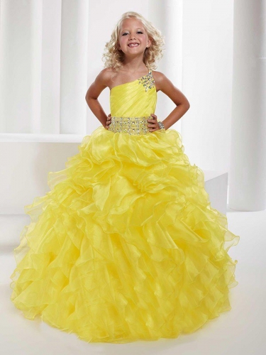 Ball Gown One-shoulder Sleeveless Beading Long Organza Flower Girl Dresses