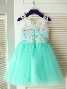 A-line/Princess Scoop Sleeveless Lace Long Tulle Dresses