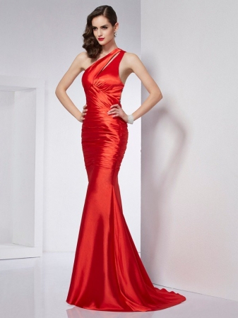 Sheath/Column One-Shoulder Beading Long Elastic Woven Satin Dresses