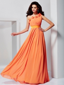 A-Line/Princess One-Shoulder Sleeveless Hand-Made Flower Long Chiffon Dresses