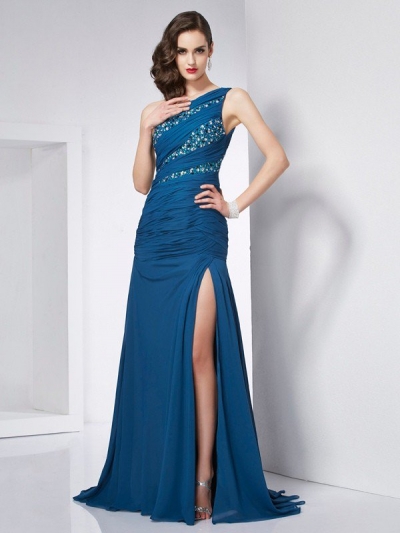 A-Line/Princess One-Shoulder Sleeveless Beading Long Chiffon Dresses [40305]