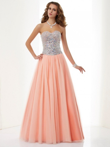 A-Line/Princess Sweetheart Sleeveless Beading Long Elastic Woven Satin Dresses