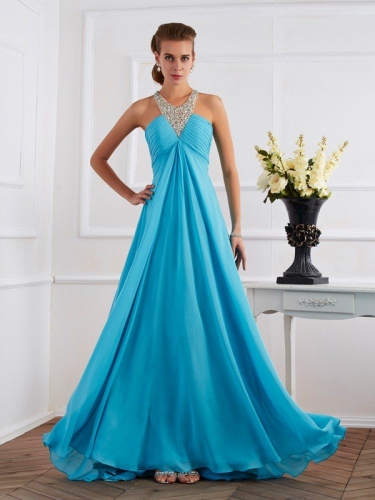 Empire Halter Sleeveless Beading Long Chiffon Dresses