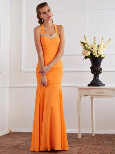 Trumpet/Mermaid Halter Sleeveless Beading Long Chiffon Dresses