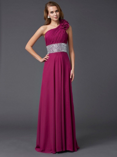 A-Line/Princess One-Shoulder Sleeveless Beading Long Chiffon Dresses [40413]